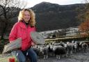 Sally Phillips with some of her flue insulation products and a flock of Herdwick sheep that supply her materials