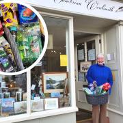 Lyn Osbaldeston outside of her shop INSET: Some of the goodies