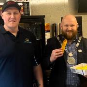 Mayor of Wigton Christopher Scott visits Jason Thomason at the new CJ's Chip Shop