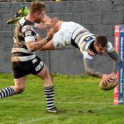 Whitehaven RL v Wigan St Pats....Challenge Cup Whitehaven v Wigan St Pats at the Recreation ground on Sunday March 10th 2019...Whitehavens Andrew Bulman dives over to score.pic John Story.