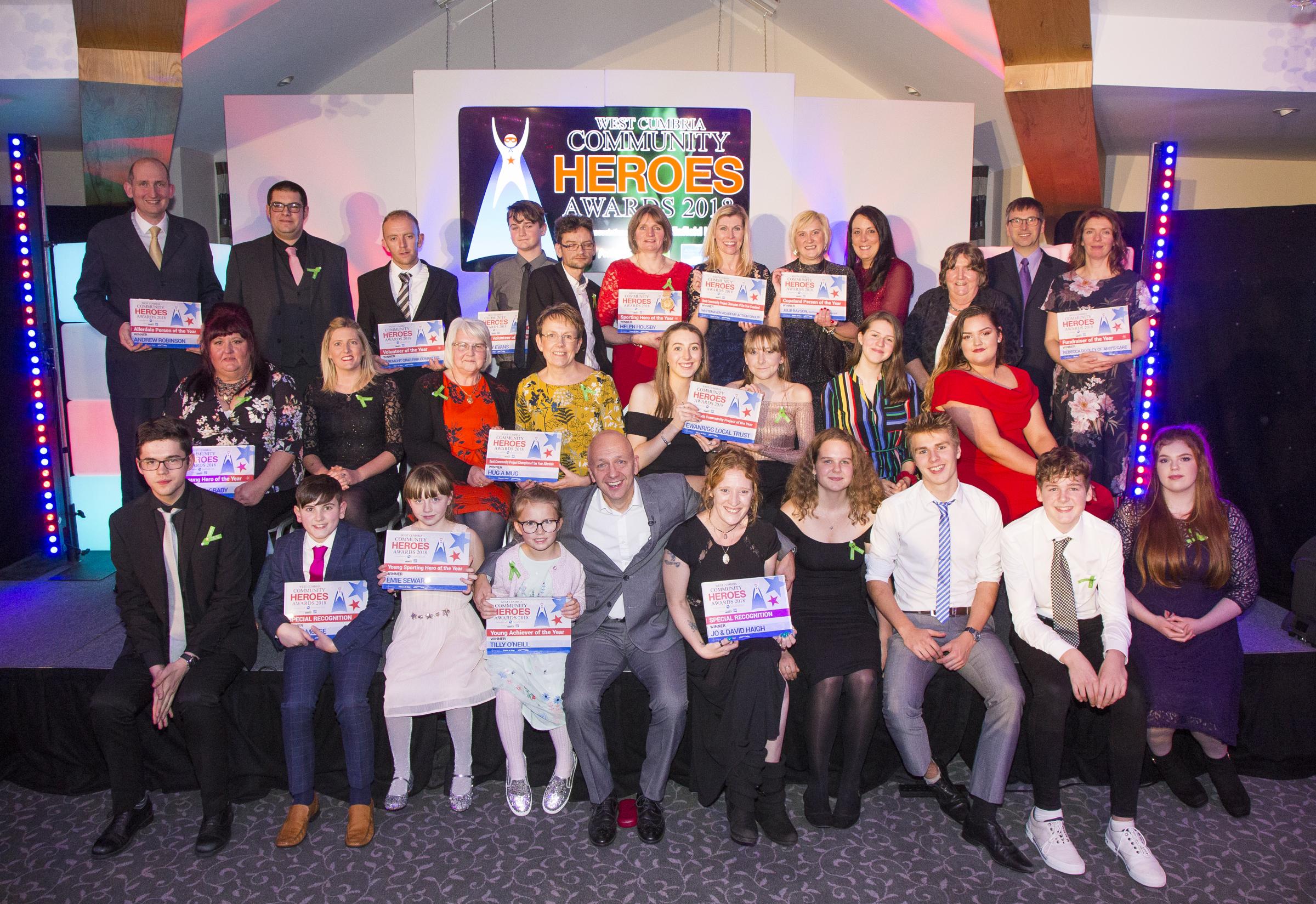 CELEBRATE: The winners from the 2018 West Cumbria Community Heros Awards with host Robbie Dee