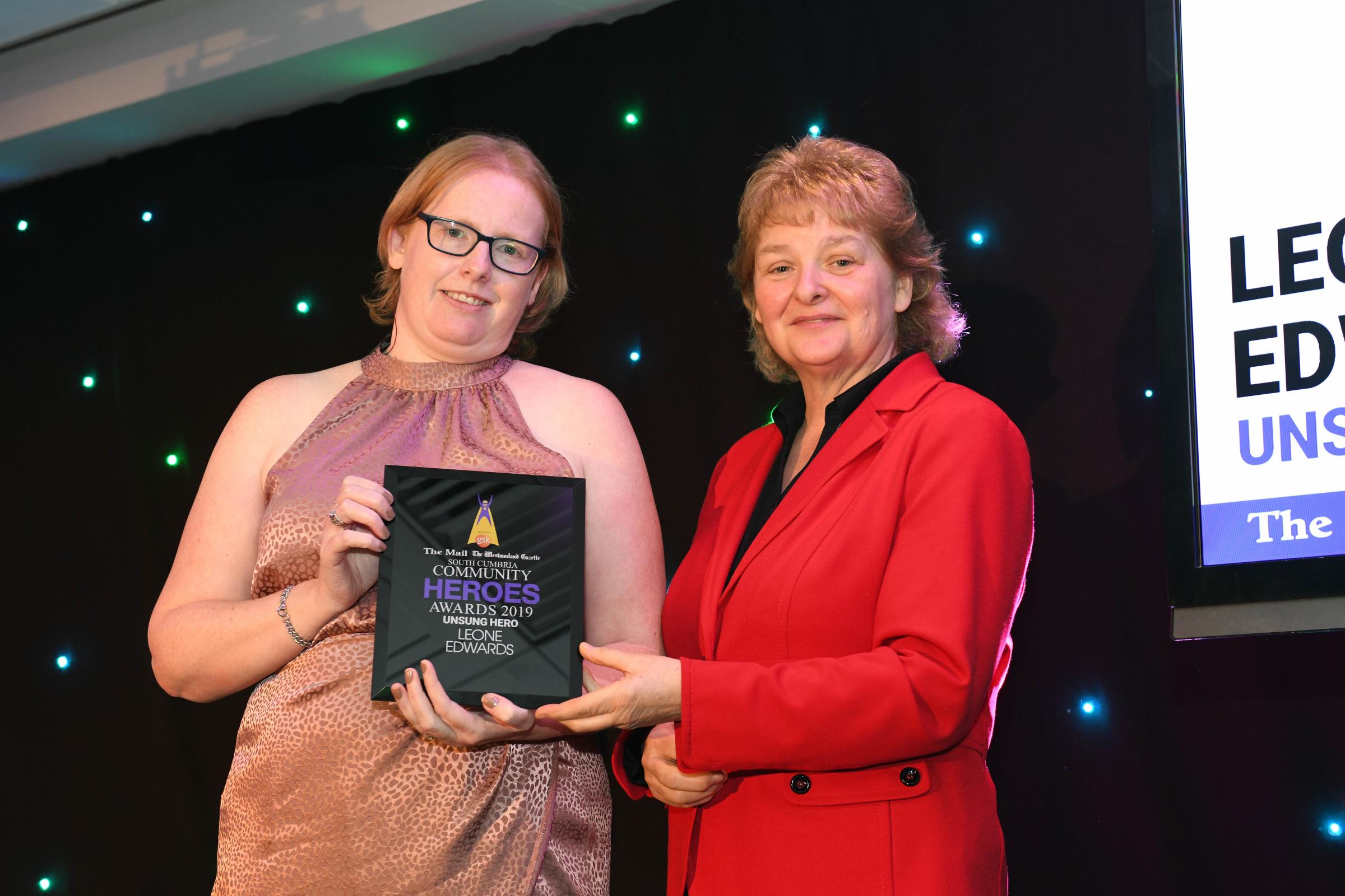 WINNER: Leone Awards receives the unsung hero award at the south Cumbria event held in 2019