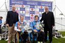 06/10/13..
GLASGOW GREEN.
Bank of Scotland Great Scottish Run Simon Lawson

Maryport wheelchair racer Simon Lawson, second from right, on the podium after winning the Great Scottish Run in Glasgow on Sunday. Picture: Jeff Holmes.