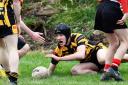 Evan Sherwen celebrates the first try for Wath Brow U14s 			 Picture: Ben Challis Sport Photography
