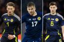 Scotland players Scott McTominay, left, Stuart Armstrong, centre, and Kieran Tierney, right