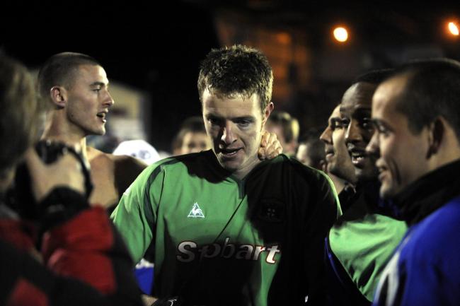 Adam Collin is mobbed after his penalty saves against Leeds United sent Carlisle United to Wembley in the 2010 Johnstone's Paint Trophy (photo: Jonathan Becker)