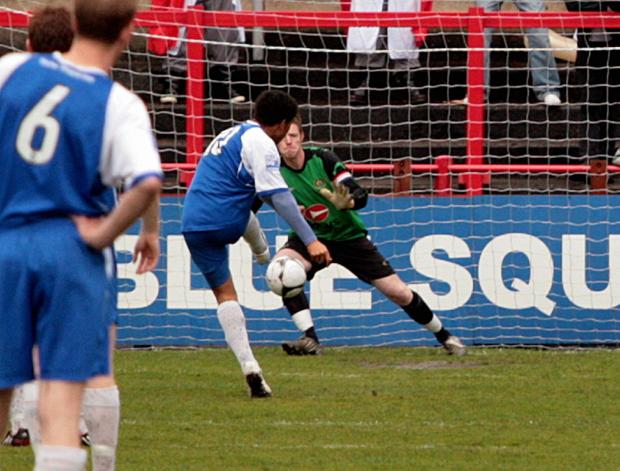Times and Star: Collin, playing for Workington, saves a Stalybridge Celtic penalty in 2009 (photo: Tom Kay)