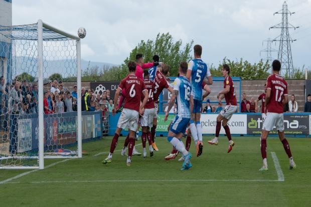 Barrow’s Josh Gordon goes close with a header against Northampton Town at Holker Street. Pictures: Ian Allington | MI News