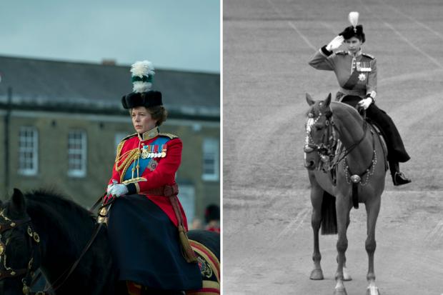 Times and Star: Queen Elizabeth II (OLIVIA COLMAN) and Queen Elizabeth II at Trooping the colours. (Des Willie/PA)