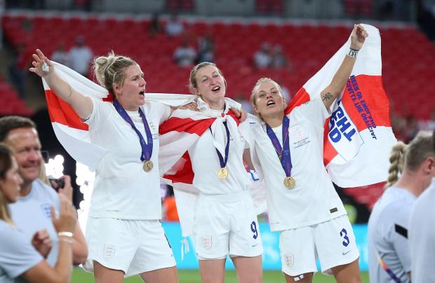 Times and Star: Millie Bright, Ellen White and Rachel Daly celebrate victory over Germany. Credit: Nigel French/PA