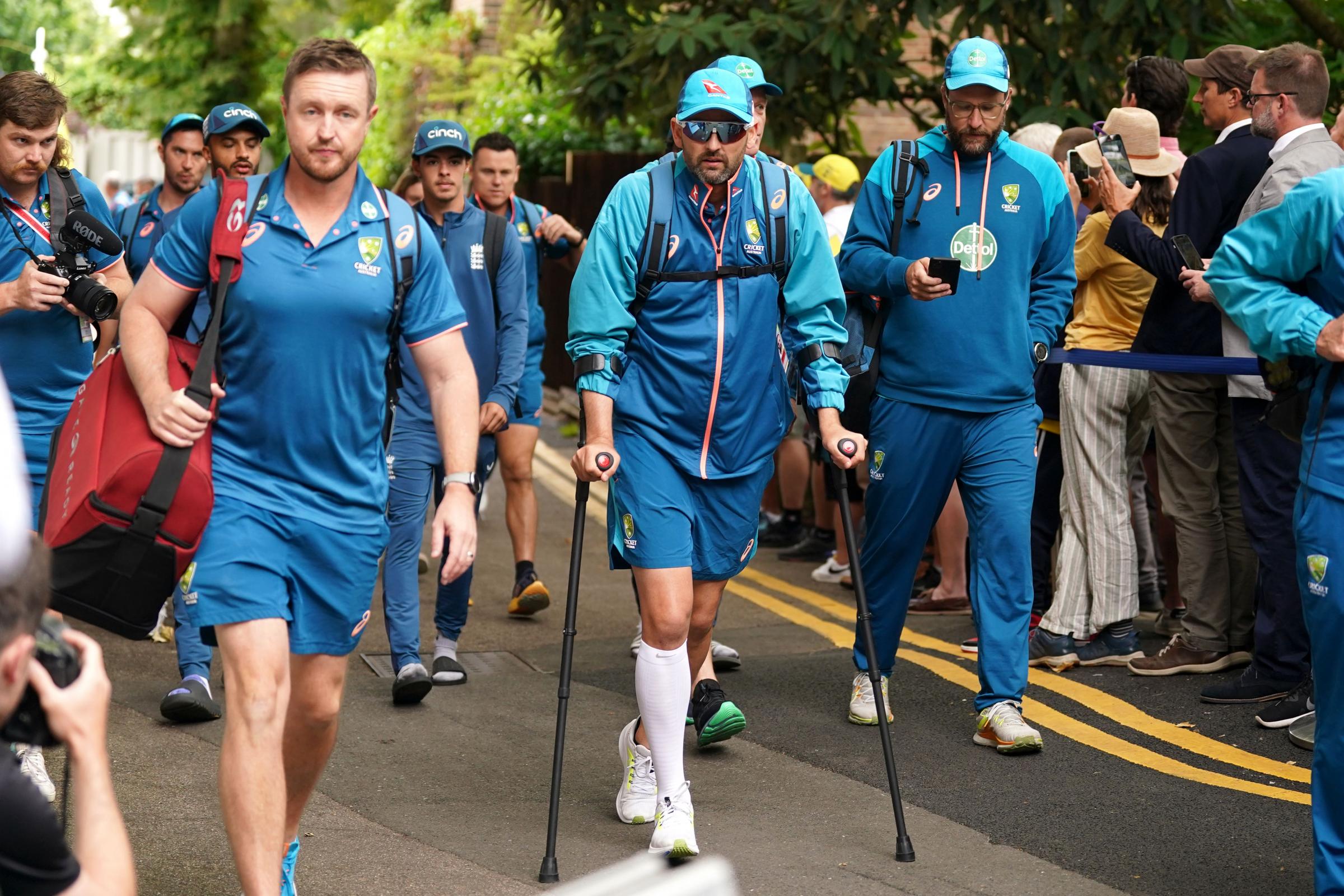 Nathan Lyon arrives on crutches as calf injury put