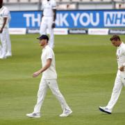 England: Captain Ben Stokes (left) walks out for the start of play	         Picture: Adrian Dennis/NMC Pool/PA Wire