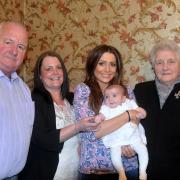 Five generations originating from Plumbland gather together for a family photograph, from left, George Sim, 67, with his daughter Angela Woodward, 44, granddaughter Hannah Power, 19, great granddaughter Phoebe Otway, five months, and his mother Edna Sim,