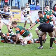 Haven v Hunslet.  pic MIKE McKENZIE 7th April 2019....MOM Dion Aiye stretches his arm out of the tackle to score.  pic Mike McKenzie.