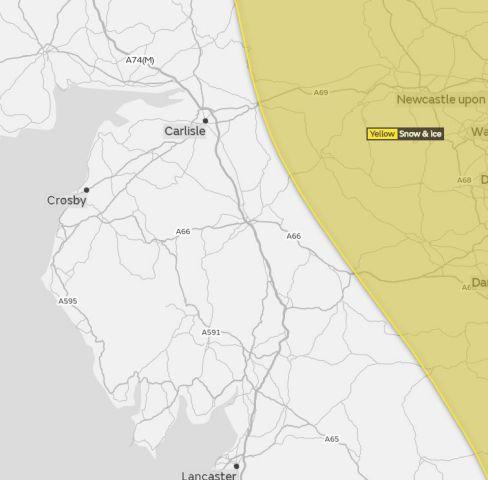 Yellow snow and ice warning for Cumbria for March 16 and 17 2018. Issued by Met Office